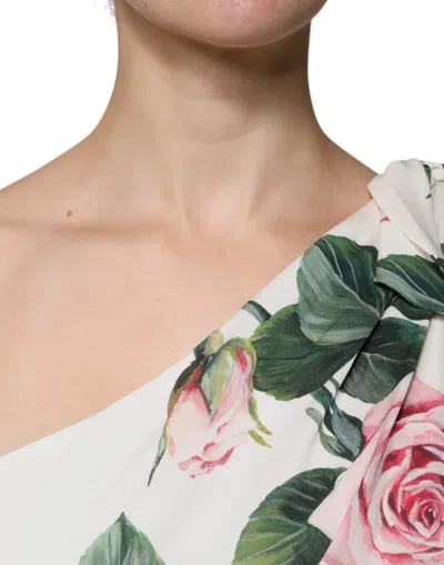 Dolce & Gabbana White Floral Silk One Shoulder Midi Dress In White