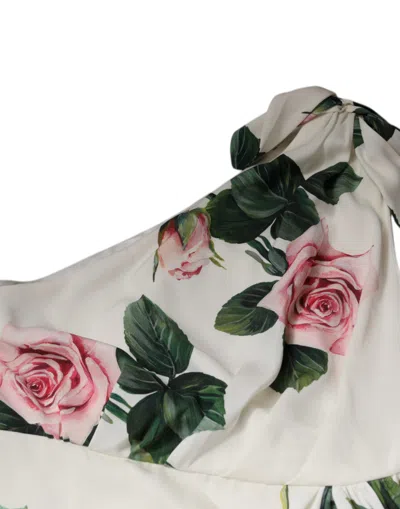Dolce & Gabbana White Floral Silk One Shoulder Midi Dress In White