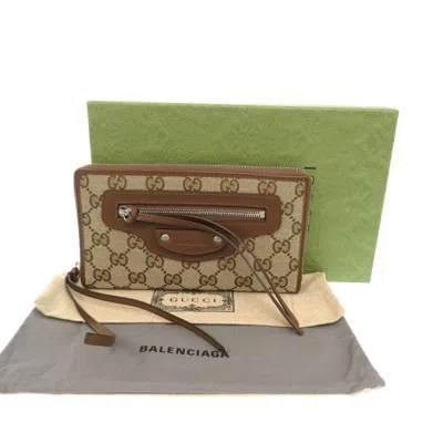 Pre-owned Gucci Beige Brown Gg Canvas Long Wallet (bi-fold) () In Beige, Brown