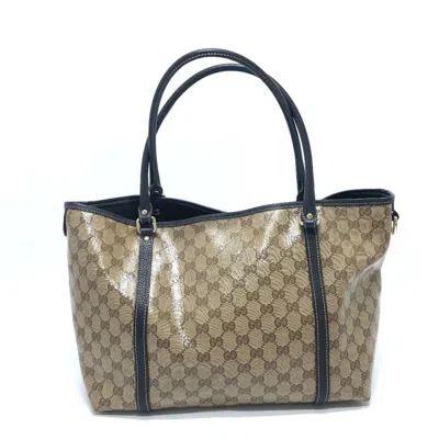 Pre-owned Gucci Gg Crystal Beige Brown Leather Coated Canvas Handbag Tote Bag () In Beige, Brown