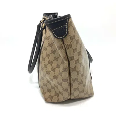 Pre-owned Gucci Gg Crystal Beige Brown Leather Coated Canvas Handbag Tote Bag () In Beige, Brown