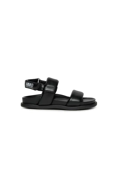 Mm6 Maison Margiela Logo Print Faux Leather Strap Sandals In Black