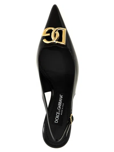 Dolce & Gabbana Black Slingback With Plate Logo In Patent Leather Woman