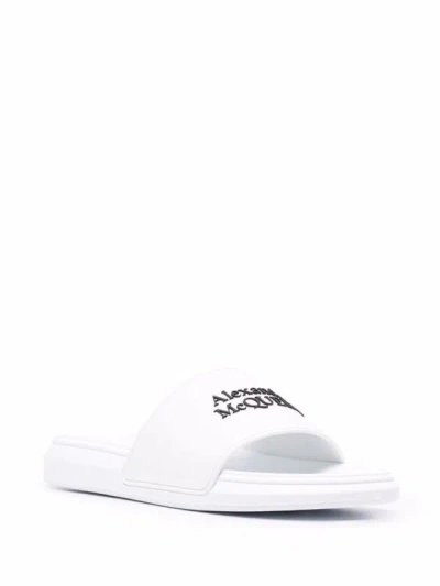 Alexander Mcqueen White Logo Pool Slides In Rubber