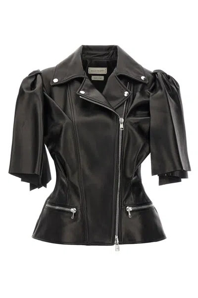 Alexander Mcqueen Women Sleeveless Leather Jacket With Knotted Drapery In Black