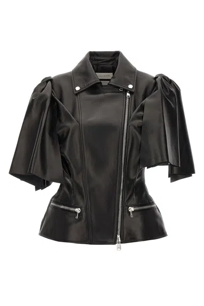 Alexander Mcqueen Women Sleeveless Leather Jacket With Knotted Drapery In Black