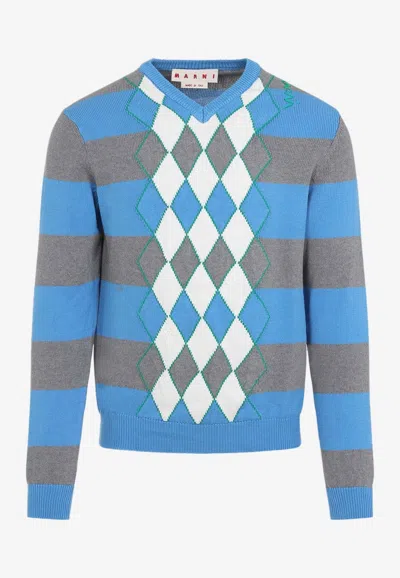 Marni Blue Stripe Sweater With Argyle Motif In Multicolor