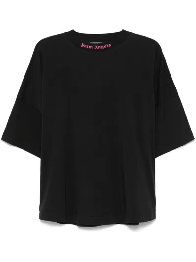 Palm Angels Loose T-shirt With Curved Logo On Back In 1032 Black Fuchsia