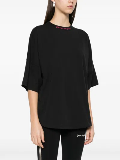 Palm Angels Loose T-shirt With Curved Logo On Back In 1032 Black Fuchsia