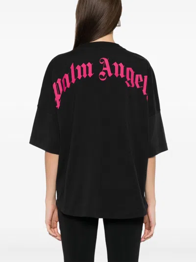 Palm Angels Loose T-shirt With Curved Logo On Back In 1032 Black Fuchsia