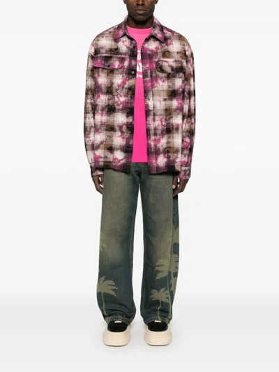 Palm Angels Curved-logo Check Shirt In 3203 Fuchsia Off