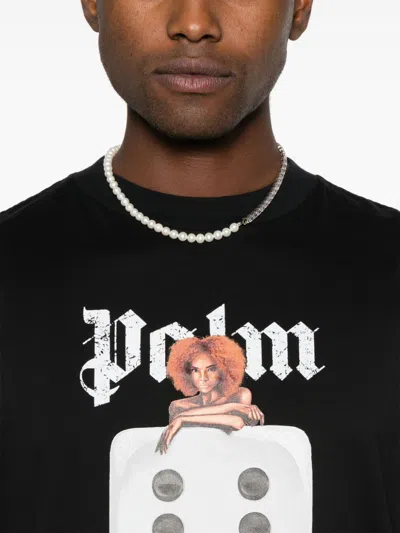 Palm Angels Black T-shirt With Front Dice And Logo Print In 1003 Black Off White