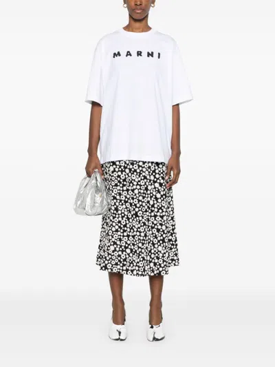 Marni Classic Short-sleeve T-shirt With Scribbled Logo In Slw01 Lily White