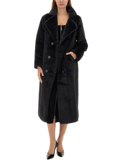 Michael Michael Kors Black Double-breasted Coat In Faux-fur Woman In Blue