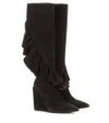 JW ANDERSON RUFFLED SUEDE KNEE-HIGH WEDGE BOOTS,P00188143-4