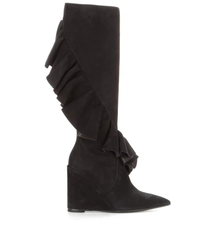 Shop Jw Anderson Ruffled Suede Knee-high Wedge Boots