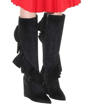 Shop Jw Anderson Ruffled Suede Knee-high Wedge Boots