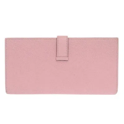 Pre-owned Hermes Rose Sakura Chevre Leather Long Wallet (bi-fold) ()