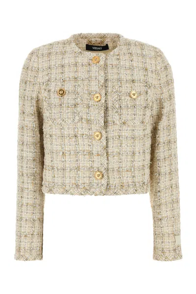 Versace Beige Cropped Jacket With Medusa Head Motif Button