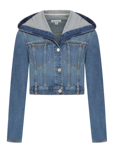 Alaïa Hooded Denim Jacket With Cinched Waist In Blue