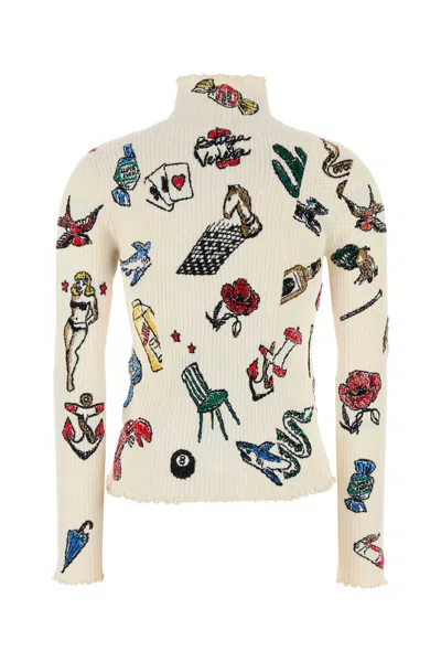 Bottega Veneta Embroidered Stretch Wool Blend Sweater With High Neck