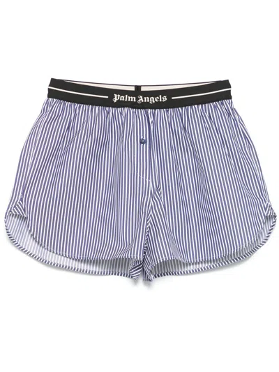 Palm Angels Classic Logo Striped Shorts In Navy Blue - Off White