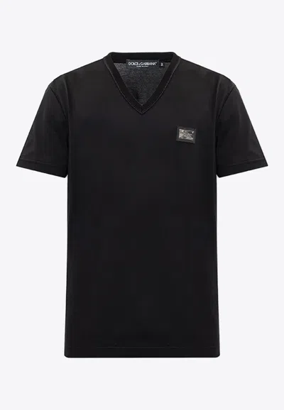 Dolce & Gabbana Black T-shirt With Logo Tag Detail On The Front In Cotton Man In Black