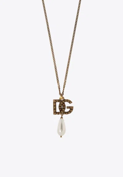 Dolce & Gabbana Faux-pearl Dg Logo Pendant Necklace In Gold