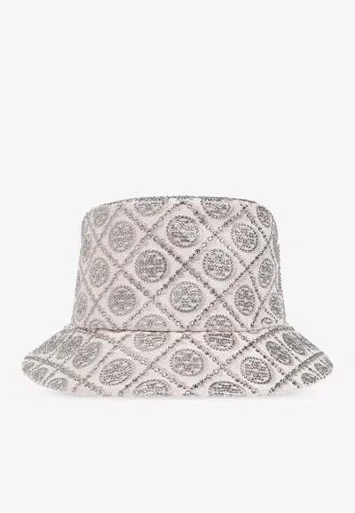 Tory Burch T Monogram Crystal-embellished Bucket Hat In Gray