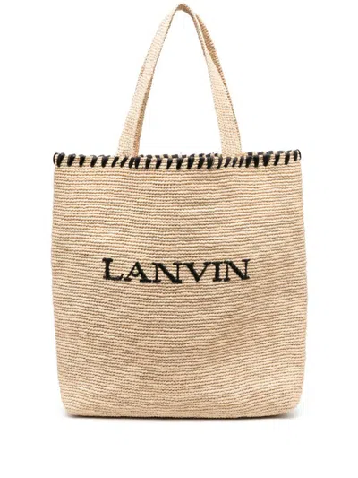 Lanvin Raffia Tote Bag Woven Texture In Blackwhite