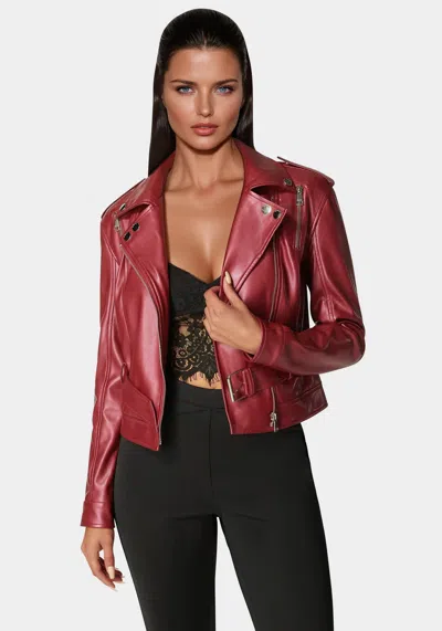 Bebe Vegan Leather Moto Jacket In Red Dahila