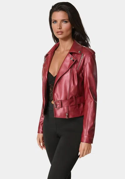 Bebe Vegan Leather Moto Jacket In Red Dahila