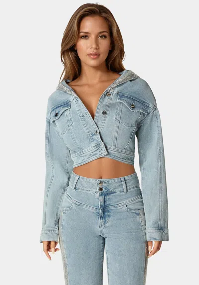 Bebe Sequin Hooded Denim Jacket In Medium Blue Wash