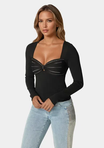 Bebe Mesh Combo Front Twist Knit Bodysuit In Black