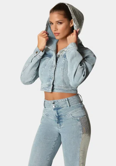Bebe Sequin Hooded Denim Jacket In Medium Blue Wash
