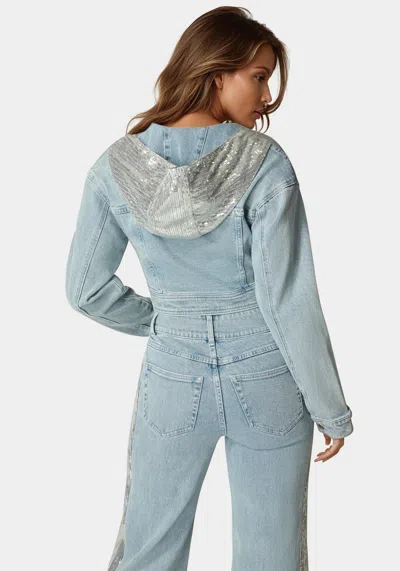 Bebe Sequin Hooded Denim Jacket In Medium Blue Wash