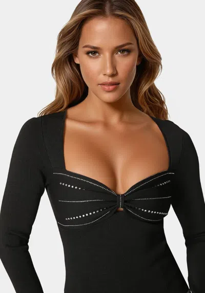 Bebe Mesh Combo Front Twist Knit Bodysuit In Black