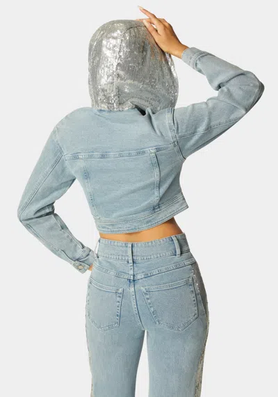 Bebe Sequin Hooded Denim Jacket In Medium Blue Wash
