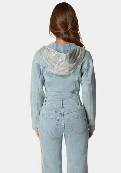 Bebe Sequin Hooded Denim Jacket In Medium Blue Wash