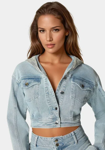 Bebe Sequin Hooded Denim Jacket In Medium Blue Wash
