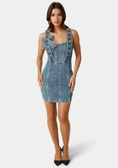 Bebe Metal Strap Detail Fitted Denim Dress In Antique Indigo Wash
