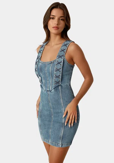Bebe Metal Strap Detail Fitted Denim Dress In Antique Indigo Wash