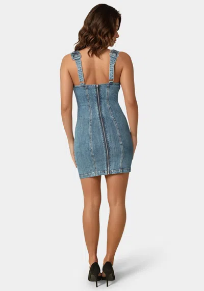 Bebe Metal Strap Detail Fitted Denim Dress In Antique Indigo Wash