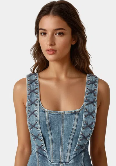 Bebe Metal Strap Detail Fitted Denim Dress In Antique Indigo Wash