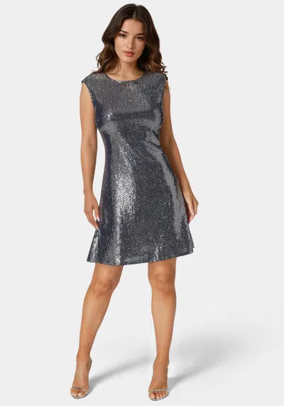 Bebe Cap Sleeve A Line Disco Dot Dress In Navy,silver
