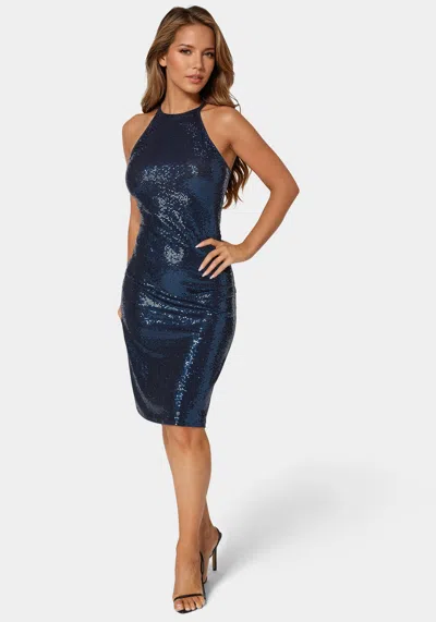 Bebe Disco Dot Halter Neck Body-con Dress In Navy