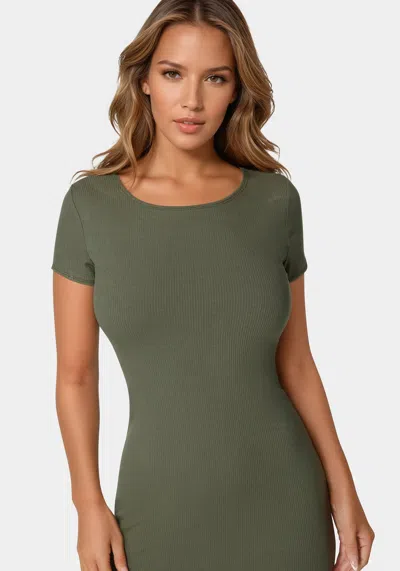 Bebe Cowl Neck Spaghetti Strap Slit Maxi In Olive