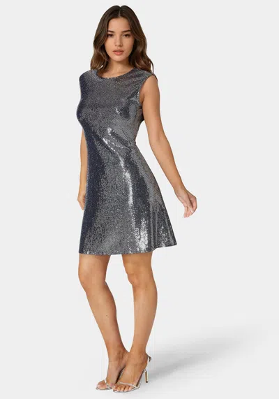 Bebe Cap Sleeve A Line Disco Dot Dress In Navy,silver
