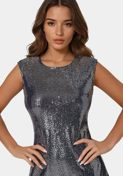 Bebe Cap Sleeve A Line Disco Dot Dress In Navy,silver