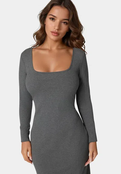 Shop Bebe Long Sleeve Square Neck Rib Midi Dress In Charcoal